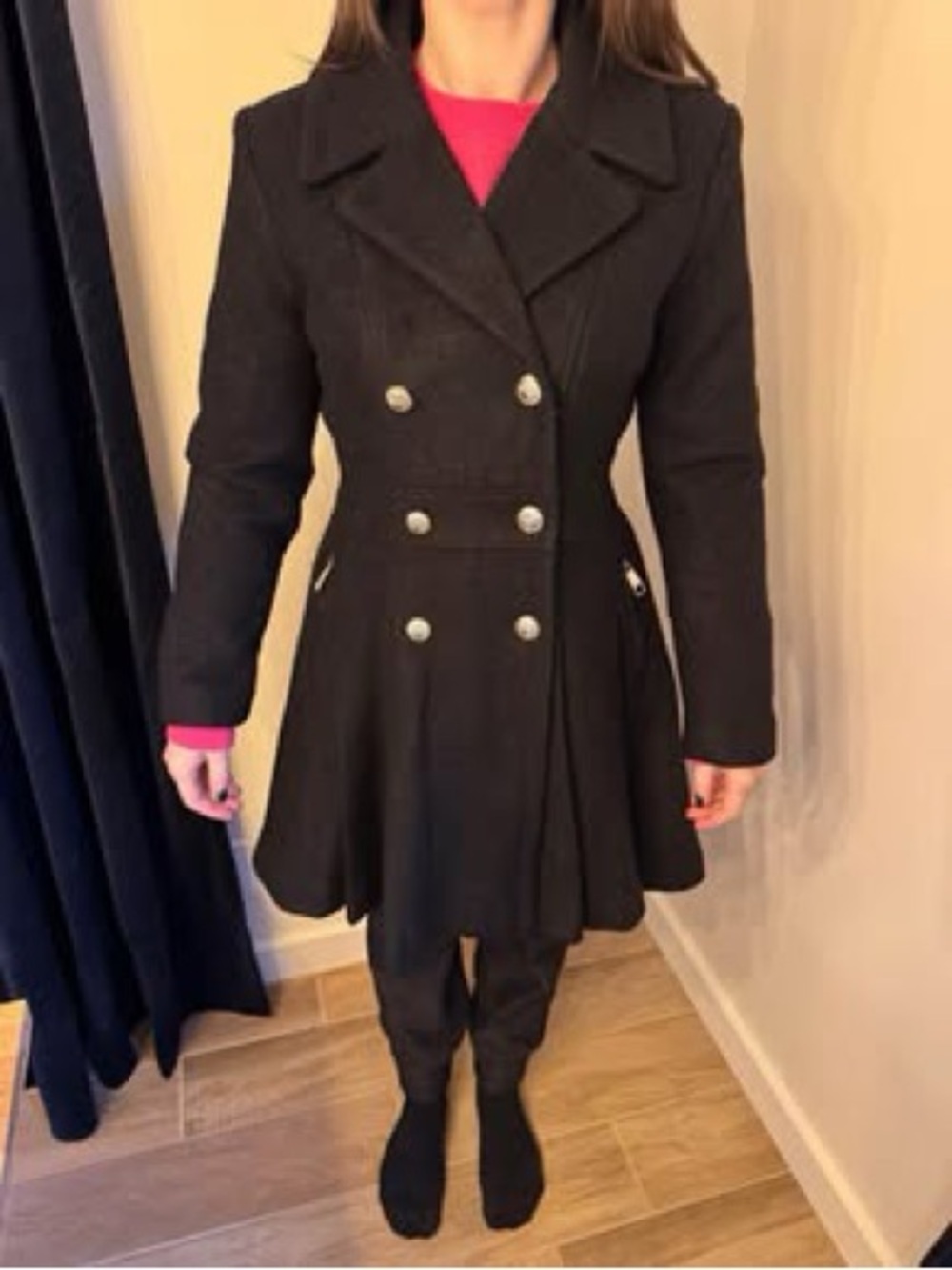 Womens Black GUESS Double-Breasted Wool-Blend Coat